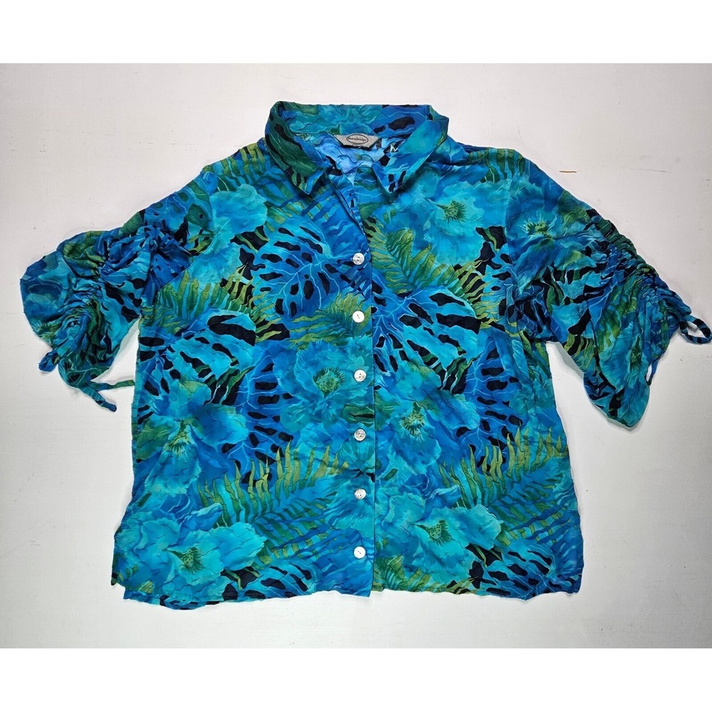 Stonebridge Button Up Shirt Women XL Blue Floral Ruched Short Sleeve READ SIZE